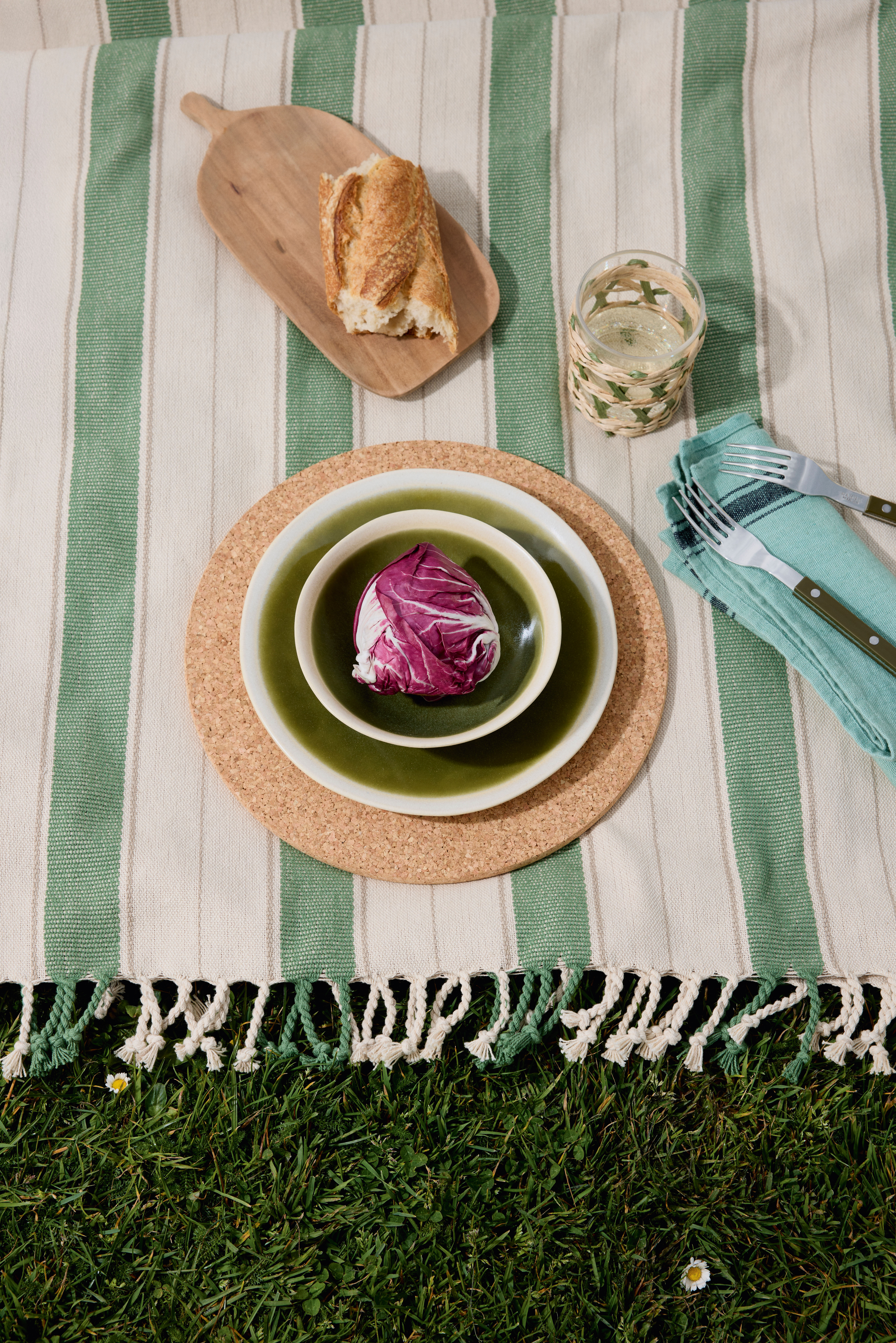 Serving platter £16.50, Toast; Tumbler  £6, John Lewis; Cork mat  £4.80, David Mellor Design; Bowl £10.99, and plate  £12.99, Zara; Tea towel £10.50, Domestic Science Home;  Sabre cutlery £200 for set of 24, Selfridges; Throw  £39.99, Zara