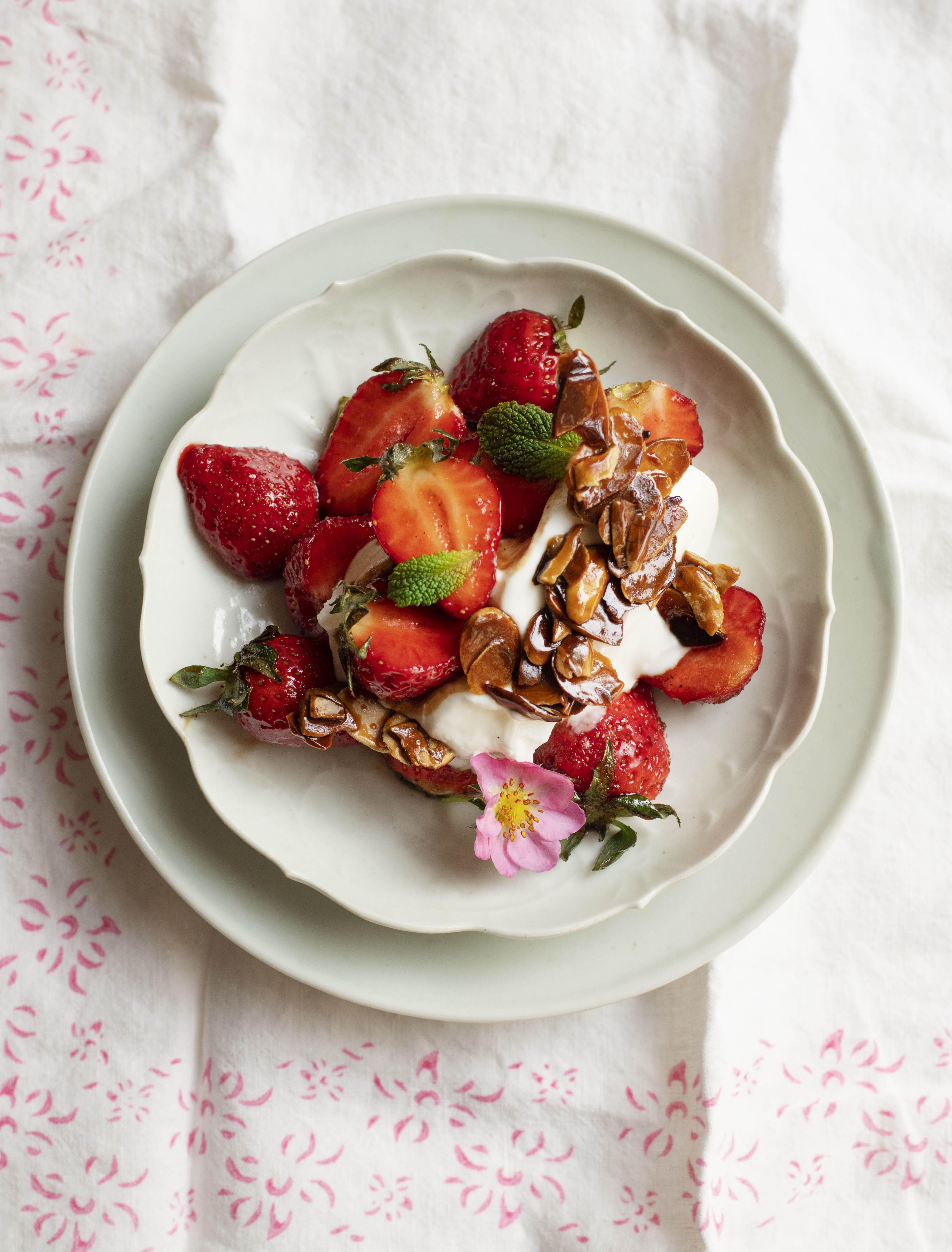Nigel Slater’s midweek treat: strawberries, labne and almond brittle
