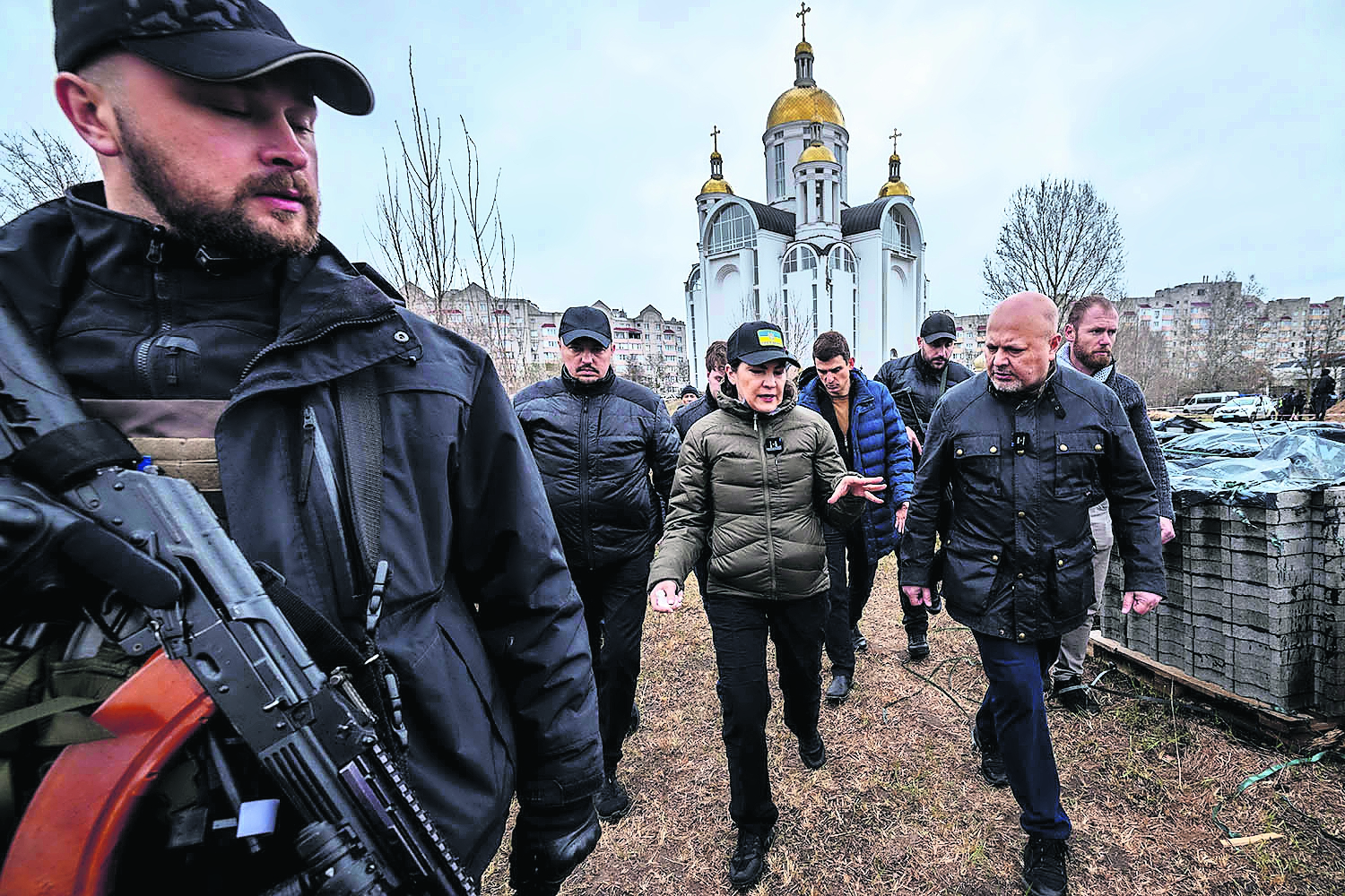 Ukraine’s former prosecutor general, Iryna Venediktova, and Khan visit a mass grave on the grounds on the outskirts of Kyiv on 13 April 2022