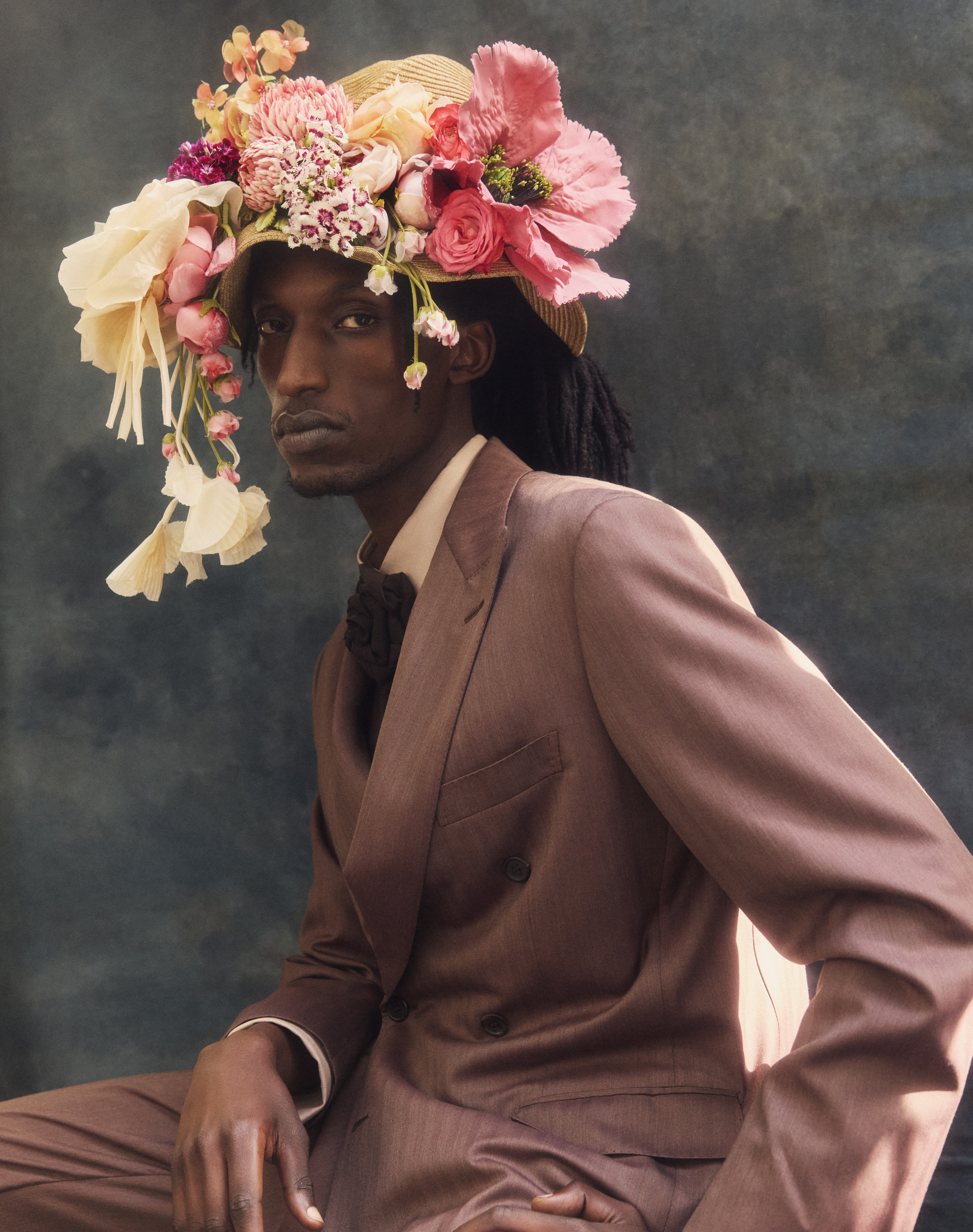 Crushed hat by Toast. Flowers on hat by VV Rouleaux. Suit and shirt by Brioni. Tie by Horti