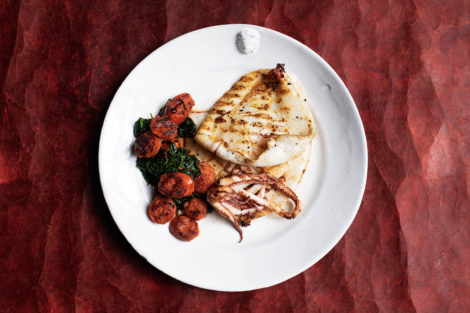 Midweek dinner: grilled squid, chorizo, spinach