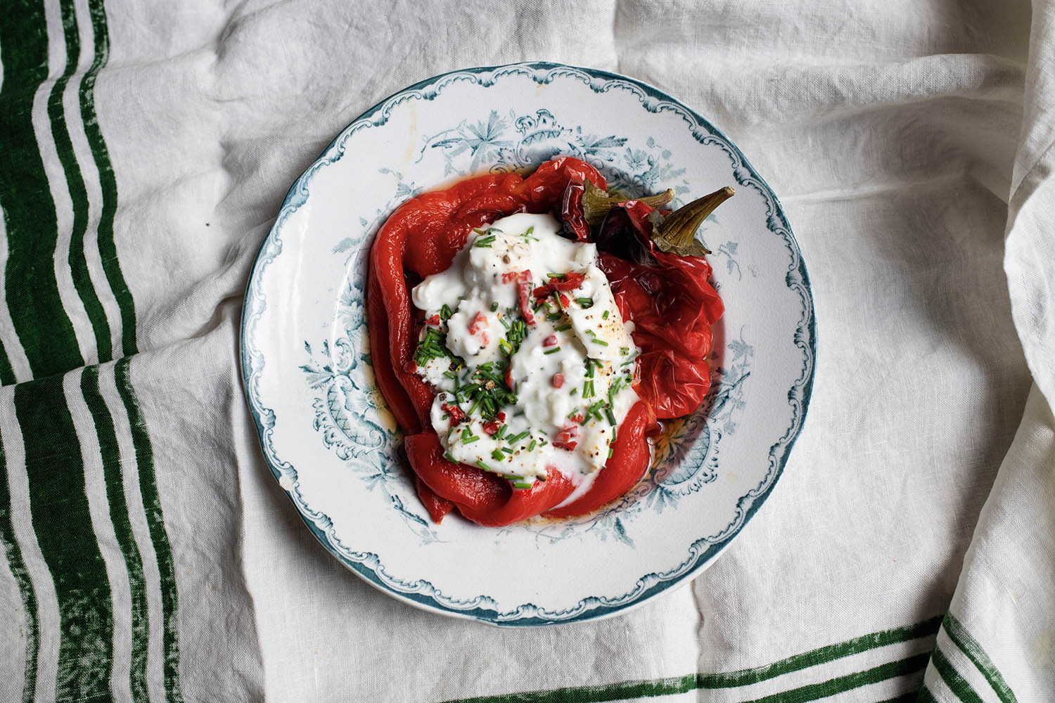 Midweek dinner: roast peppers, burrata, chillies