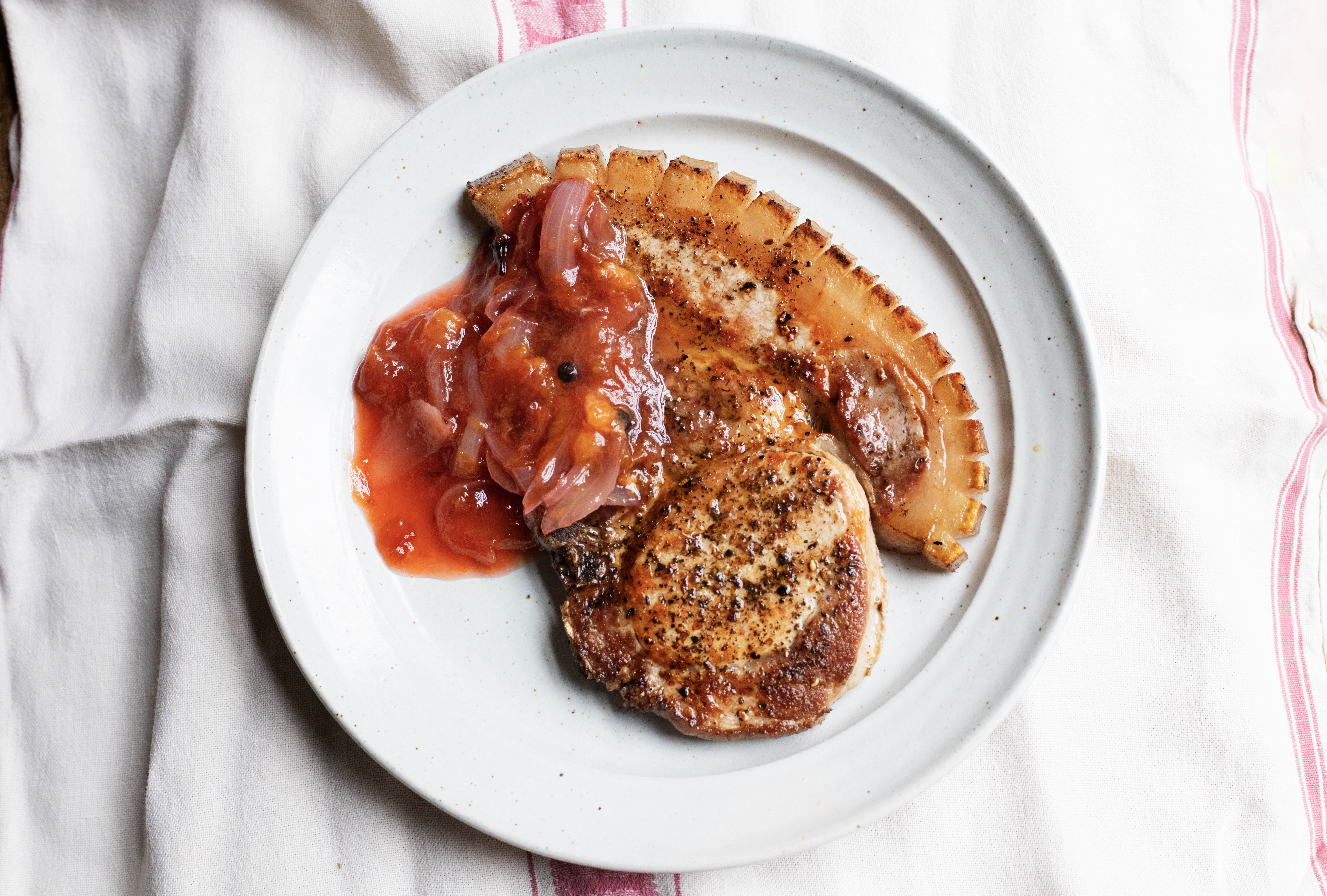 Midweek dinner: grilled pork, plum chutney