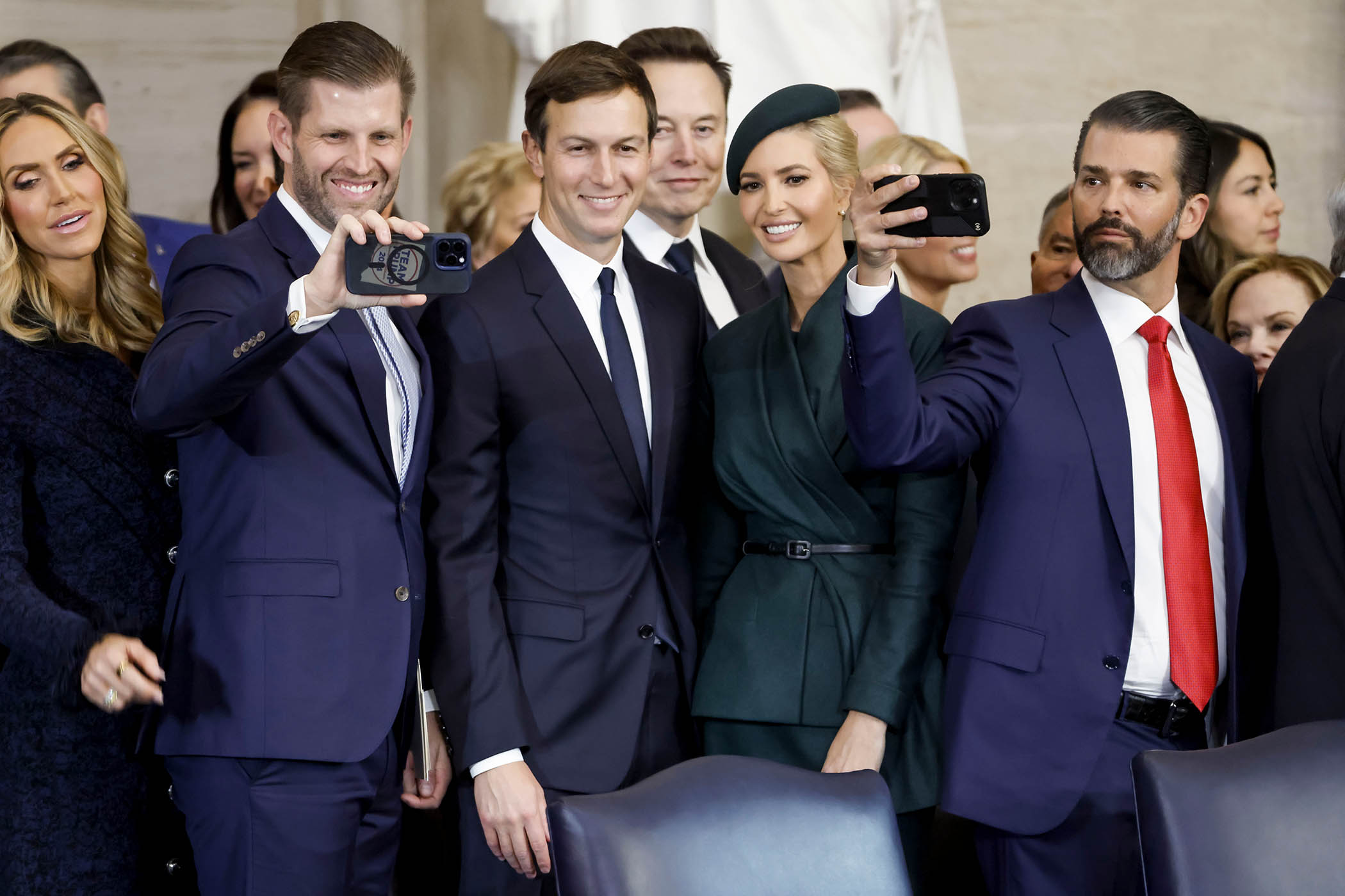 The Trump family, from left, Lara Trump, Eric Trump, Jared Kushner, Elon Musk, Ivanka Trump, and Donald Trump Jr at the inauguration in January