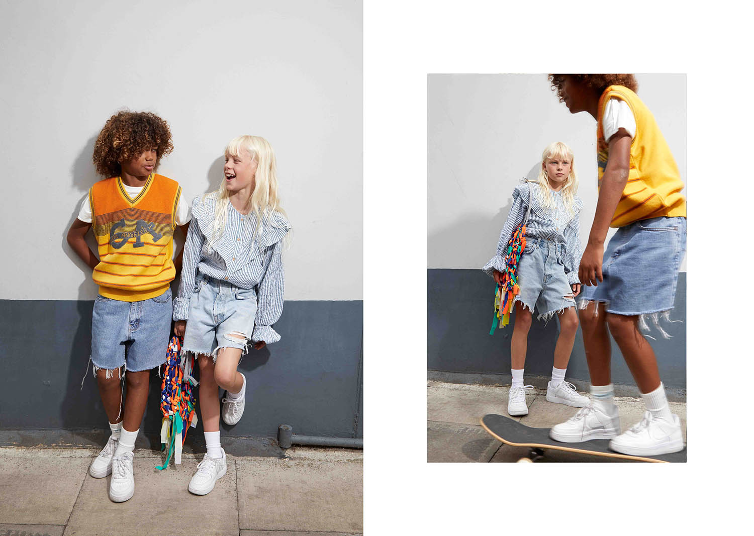 Marlowe Pre-loved blouse, thelittleloop. Cut-off shorts, Rokit. Socks, M&amp;S. Pre-loved trainers, Nike Dunk from Depop. Bag made from repurposed fabric at The Fashion School. Rafael Pre-loved vest and cut-off shorts, both Rokit. White T-shirt and socks, both M&amp;S. Pre-loved trainers, Nike Dunk from Vinted